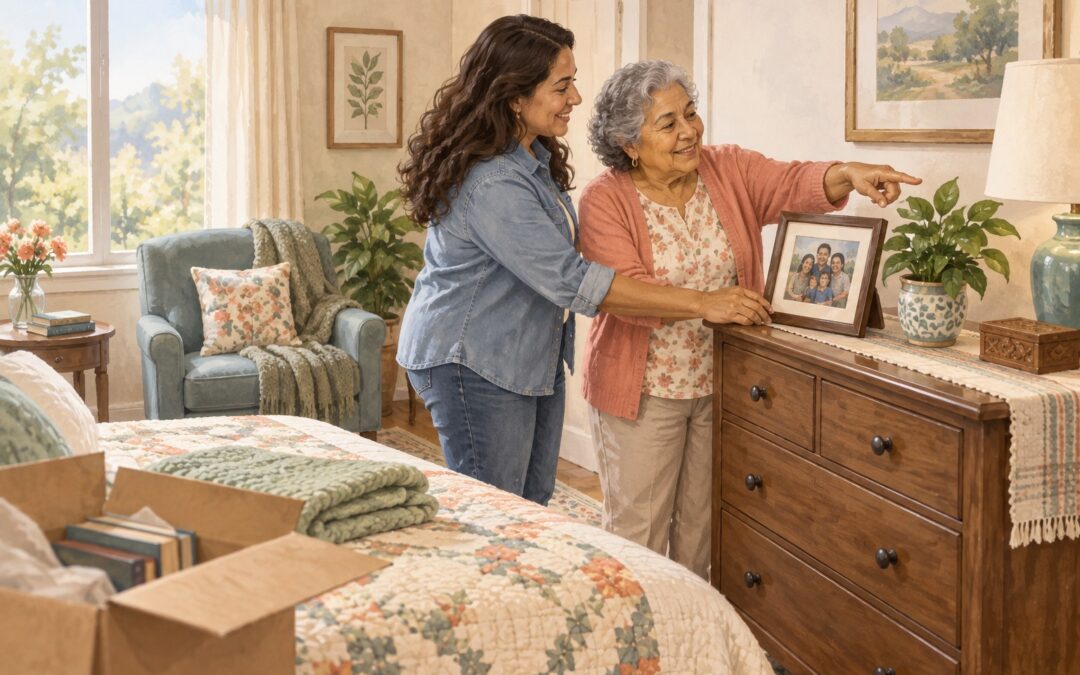 Watercolor illustration of an older woman and her daughter arranging familiar belongings in a new room.